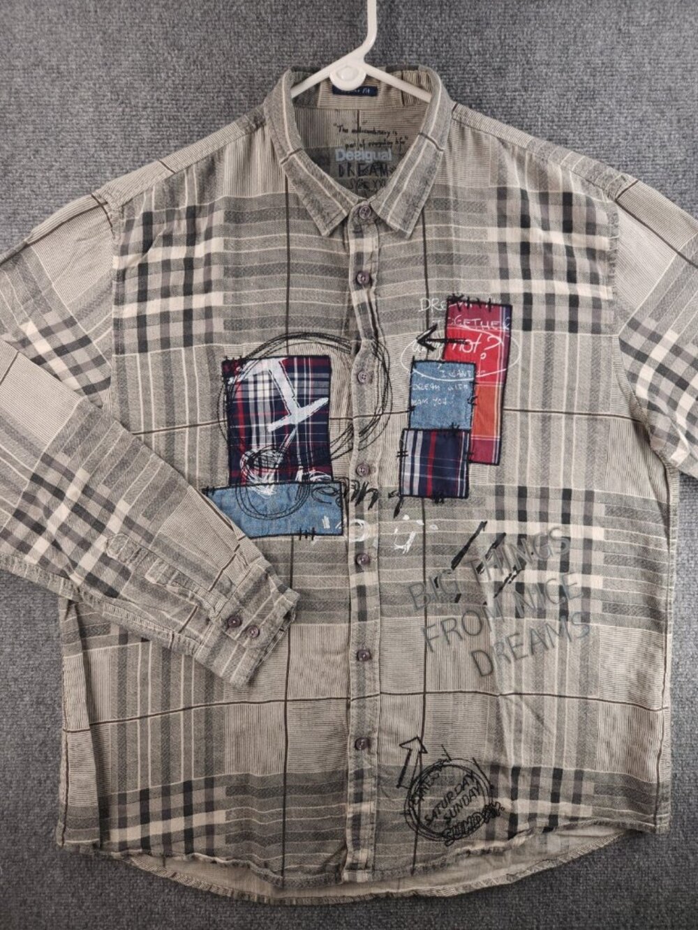 Desigual Shirt Gray Patchwork Button Up Shirt Regular 2XL Lightweight Flannel